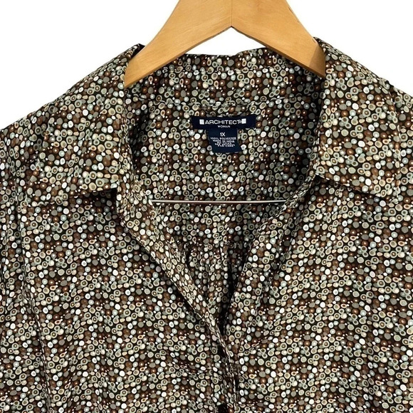 Architect Button Up Shirt 1X Plus Size Spotted All Over Pattern Brown Blue Shirt - Picture 4 of 8